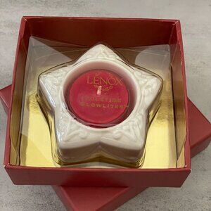NIB Lenox Yuletide Glowlights Ivory Star Tea Light Porcelain Red Candle Holiday